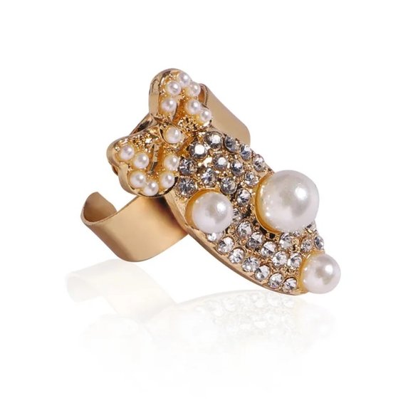 Y2K Bow Pearls  Diamond Crown Nail Ring - Picture 1 of 4